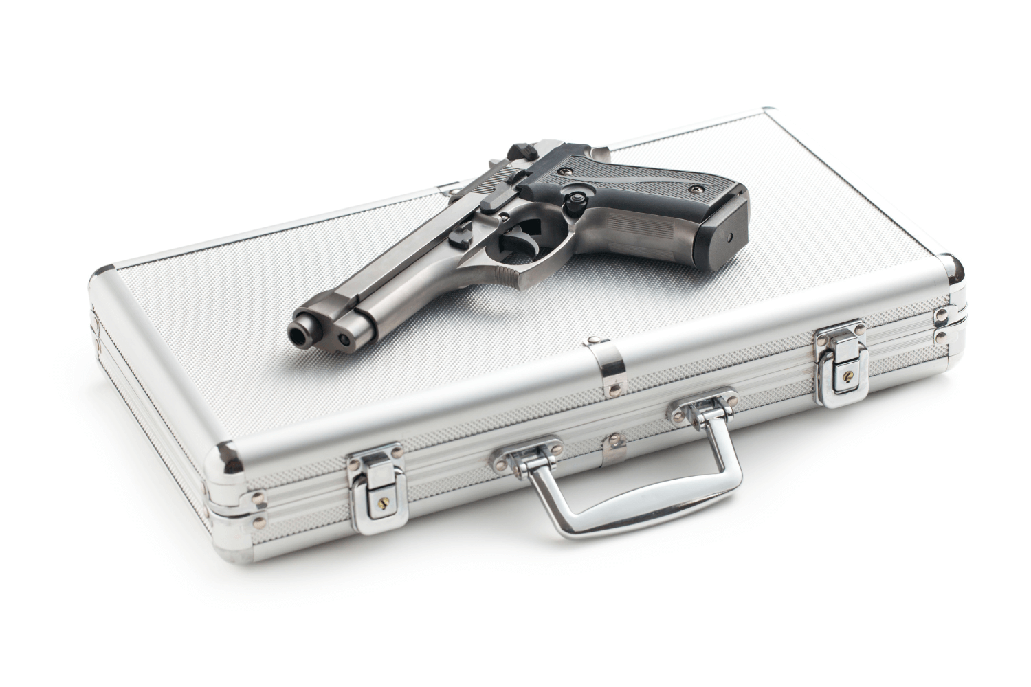 a Large Hard Silver Gun Case Closed with a Gun Lying on Top of It