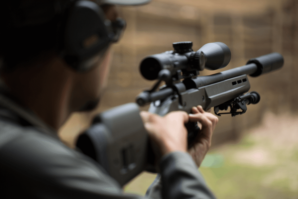 behind the back view of a man shooting a firearm at an outdoor shooting range