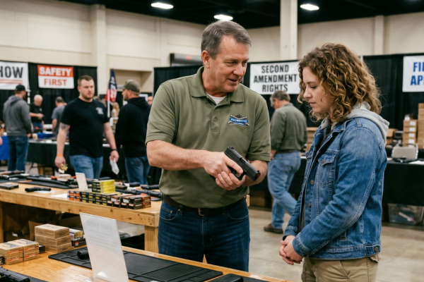 Man in an Olive Polo Demonstrates a Handgun to a Young Woman at a Gun Show Booth with Display Tables Nearby in a Convention Hall