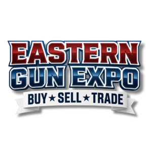 Eastern Gun Expo Logo with Bold Red Eastern and Blue Gun Expo Lettering and a White Buy Sell Trade Ribbon Beneath