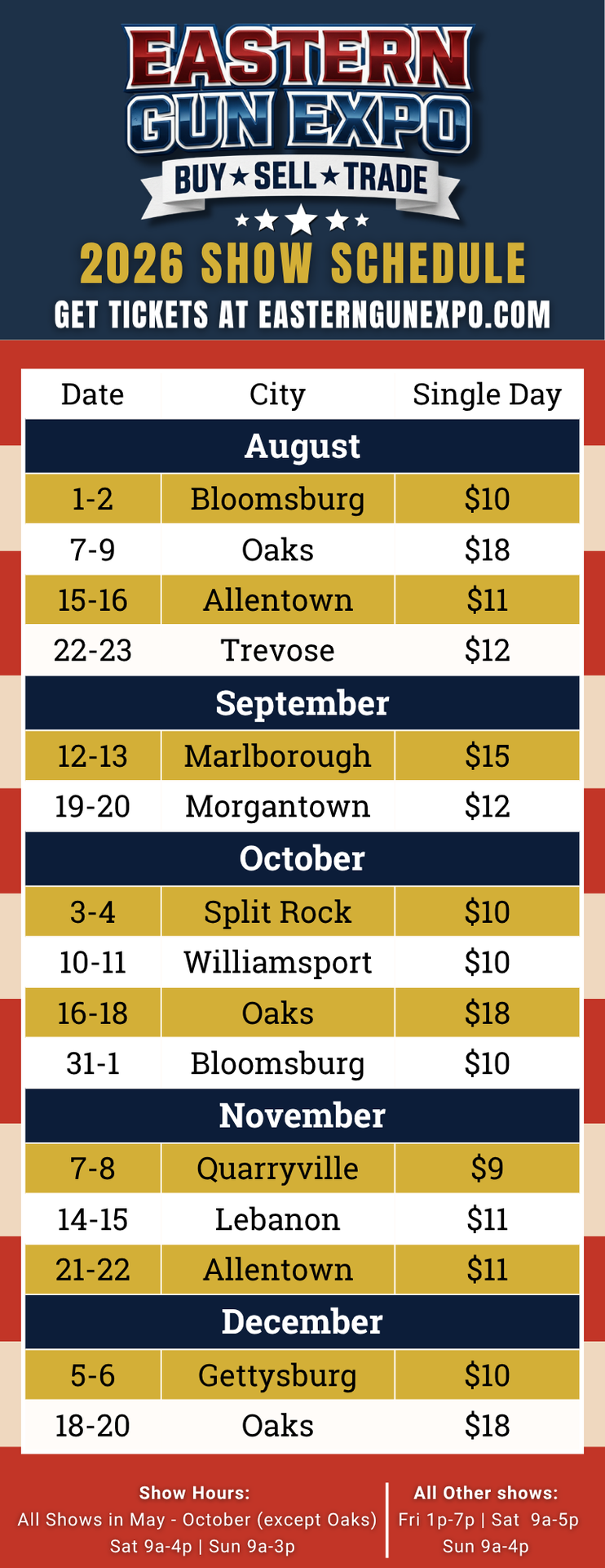 Eastern Gun Expo 2026 Schedule with Month Headers Cities and Ticket Prices