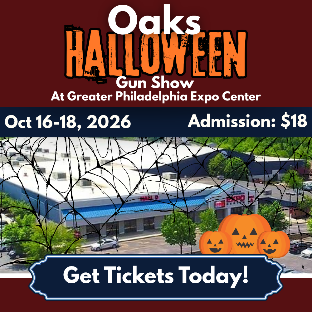 Poster for Oaks Halloween Gun Show at the Greater Philadelphia Expo Center, Oct 16–18, 2026; admission $18; pumpkins and spider webs; Get Tickets Today!