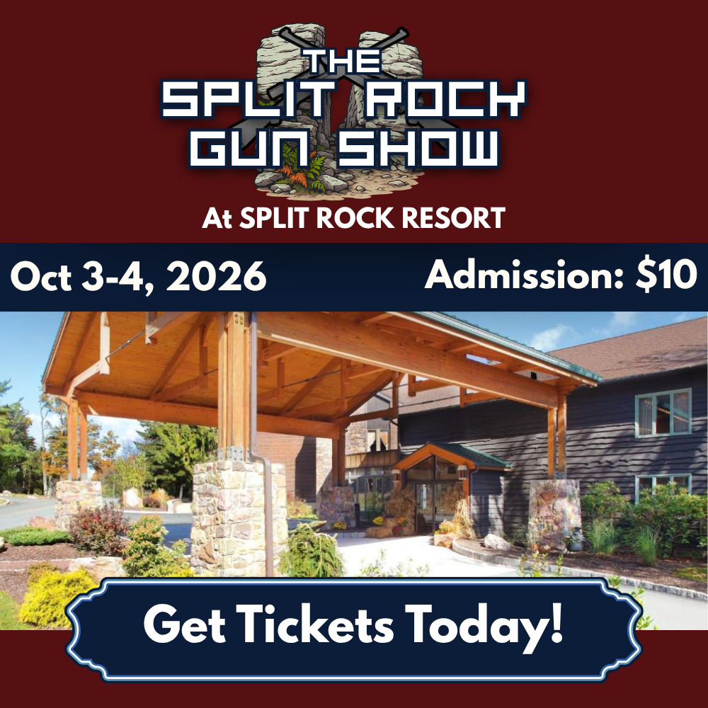 Poster for The Split Rock Gun Show at Split Rock Resort; dates Oct 3–4, 2026; $10 admission; call to action: Get Tickets Today! with photo of the resort entrance.