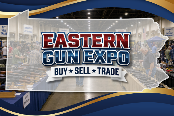 Banner Reads Eastern Gun Expo Buy Sell Trade over a Busy Firearm Trade Show with Booths and Attendees