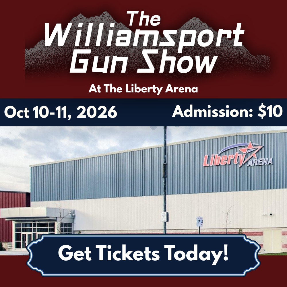 Poster advertising The Williamsport Gun Show at Liberty Arena with dates Oct 10–11, 2026 and admission $10; features a building photo and a 